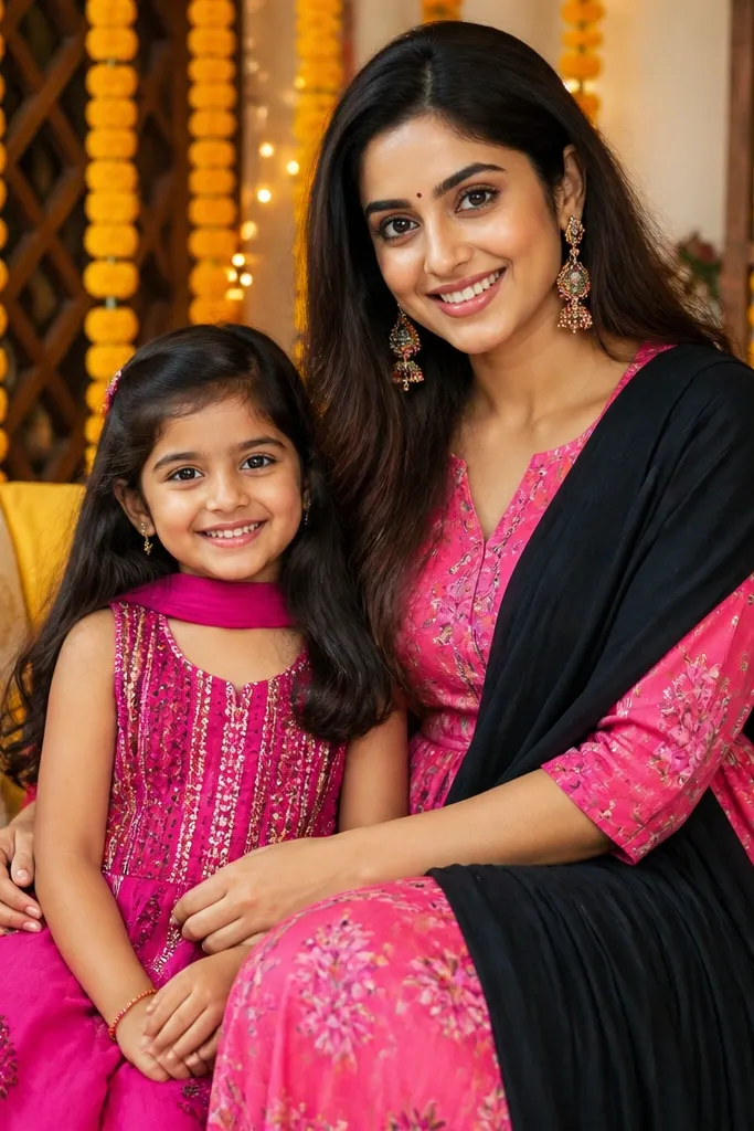 Hot pink outfit with fuchsia accents and a black dupatta for mom and a matching girl dress