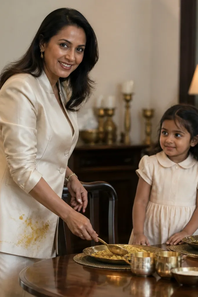 Ivory mom outfit with a champagne jacket and a simple matching girl frock