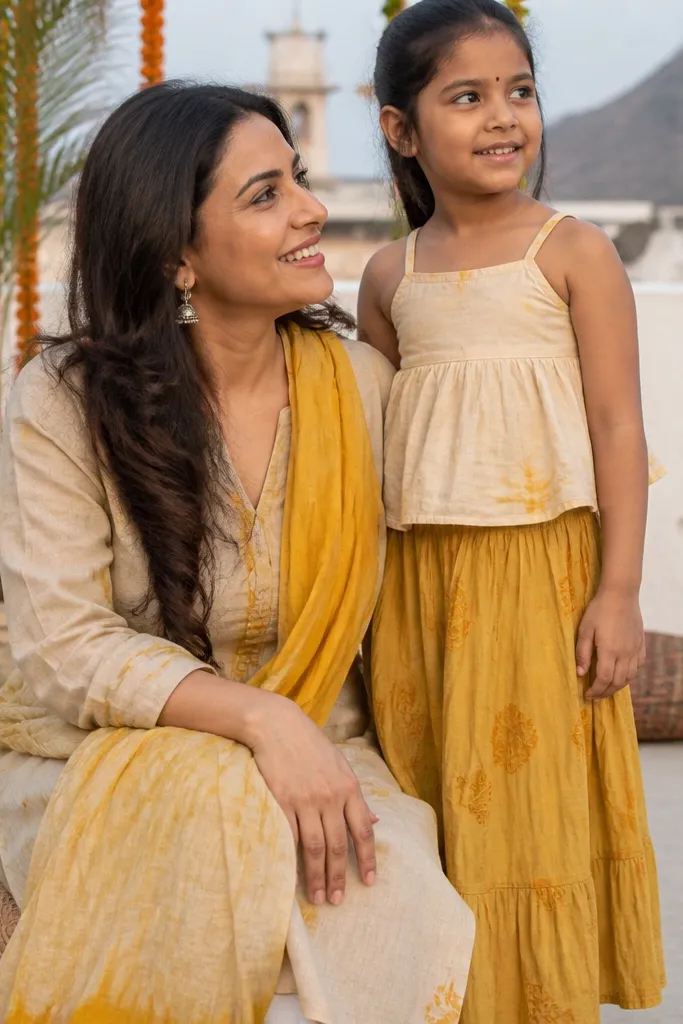 Beige linen kurta with mustard dupatta and a girl's mustard skirt with a matching top