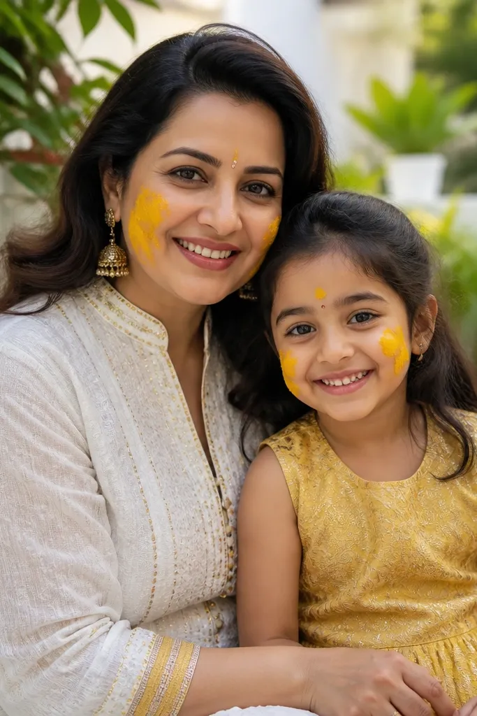 White-gold textured kurta for mom and a lemon-gold frock for a girl