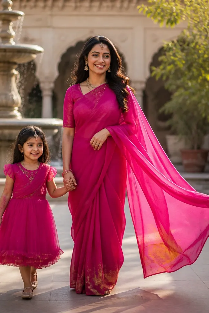 Fuchsia georgette saree-style drape for mom with a matching frock for a girl