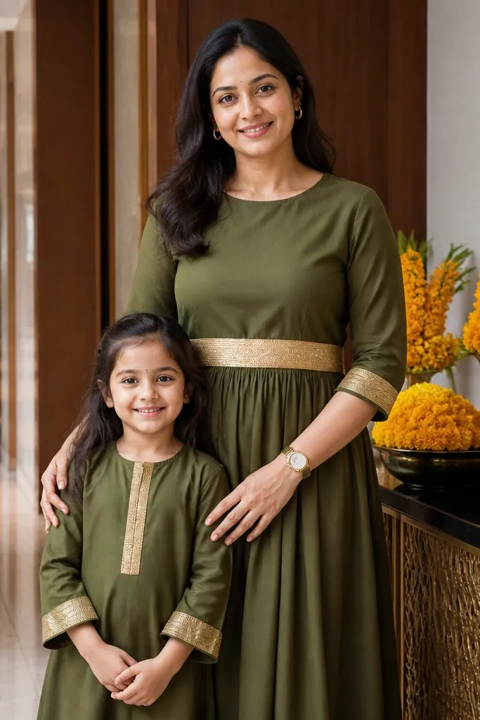 Olive green dress with gold bands and a matching olive tunic for a girl