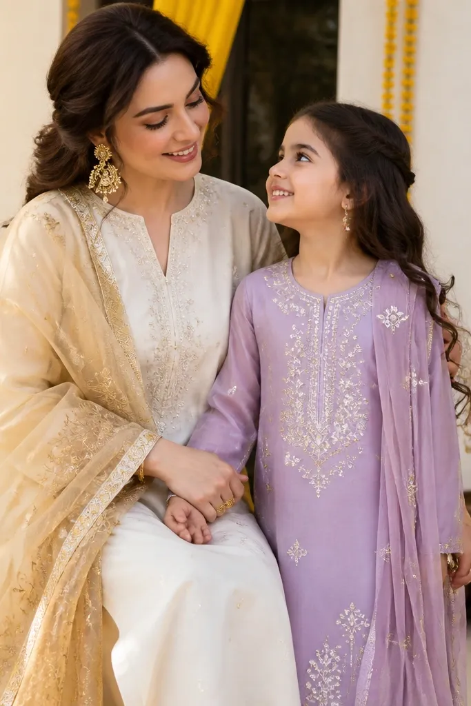Ivory mom kurta with gold dupatta and dusty-lilac girl kurta for haldi