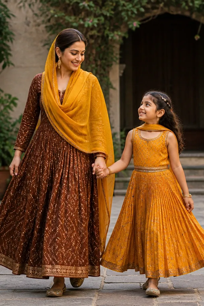 Teak-brown anarkali with mustard dupatta and marigold pleated skirt set