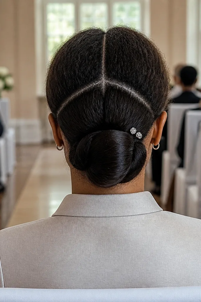 Center and side part with a smooth low bun at the nape