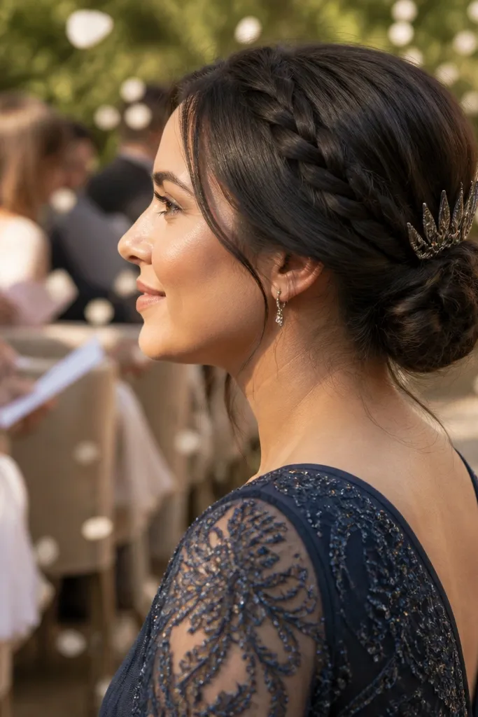 Low bun built from a braid with a small clip hidden at the crown