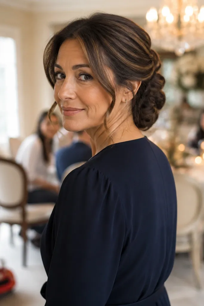 Twisted low bun with two small face-framing pieces near the cheeks