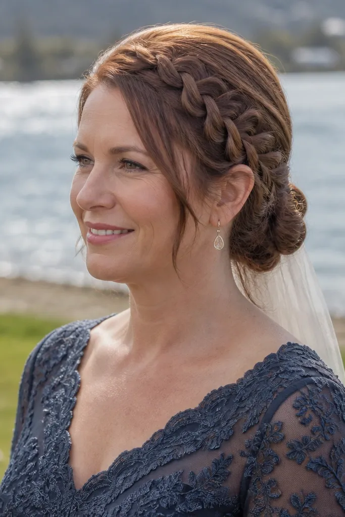 Waterfall braid leading into a low bun at the nape