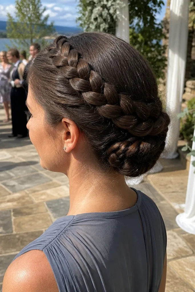 Braided ring around a low bun at the nape