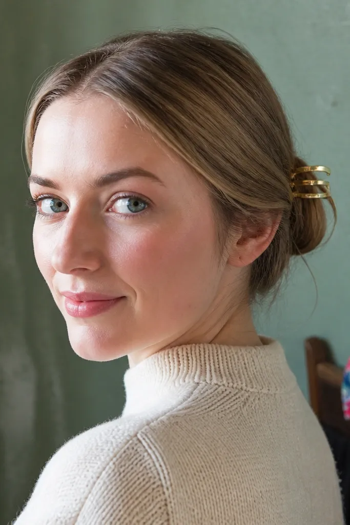 Low bun secured with a small claw pin accent near the side