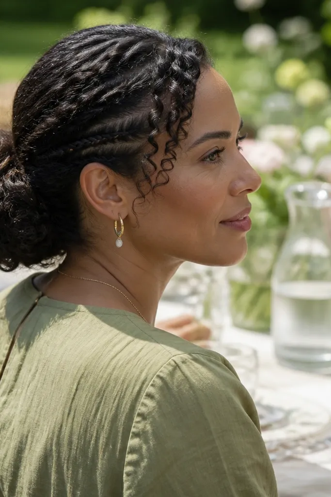 Low bun with small braids on both sides near the ears