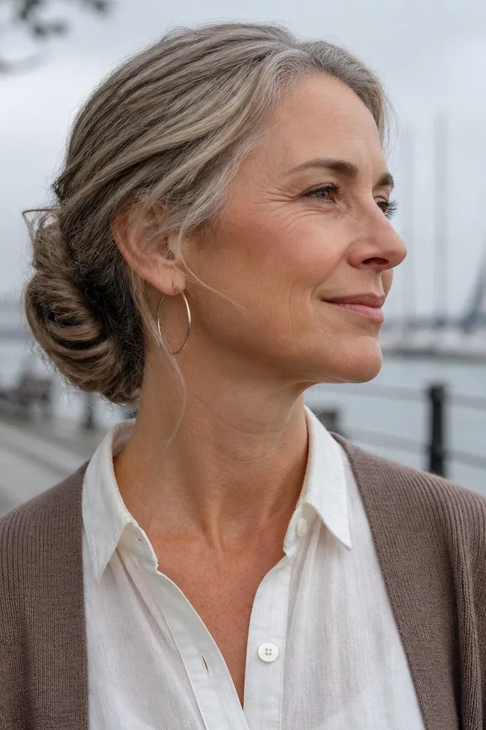 Low bun with a slightly messy finish and wrapped ends tucked under