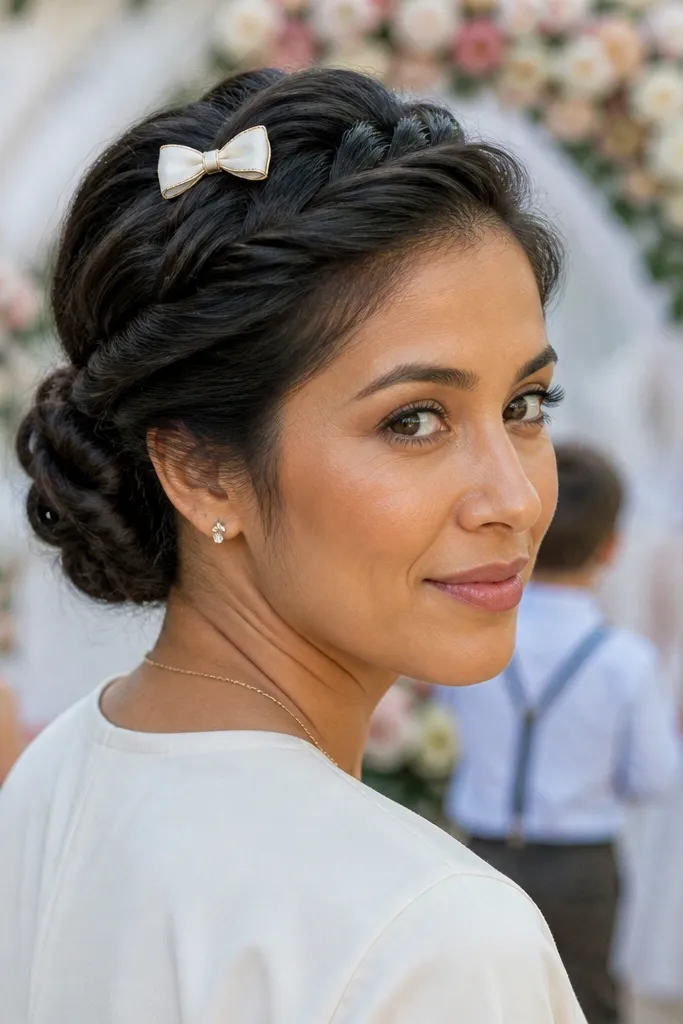 Low bun with a crown twist and a small bow-shaped hair pin