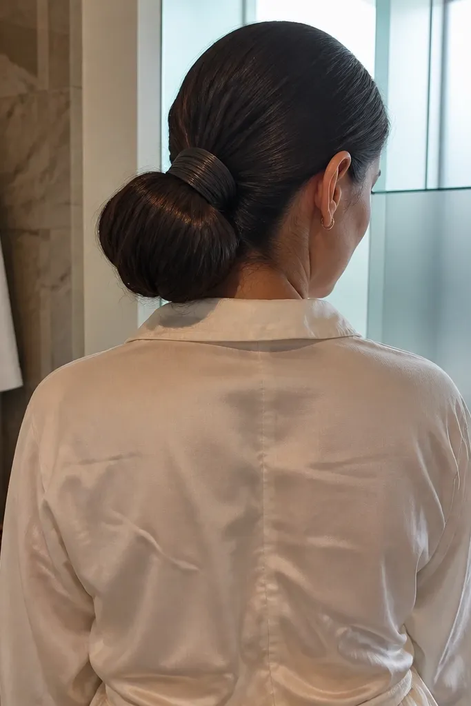 Low bun where the ponytail base is wrapped tightly and pinned