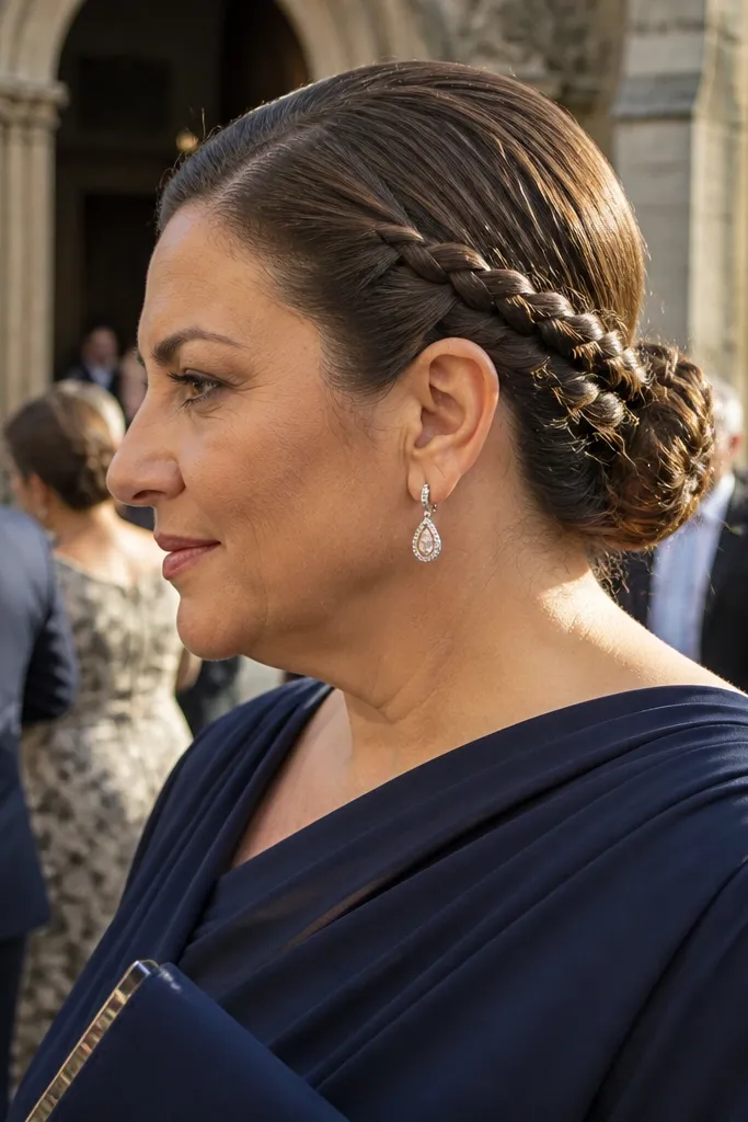 Rope braid wrapped into a low bun at the nape