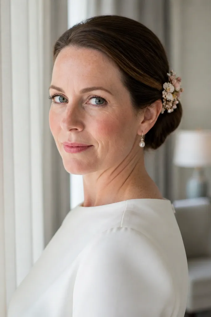Low bun with a floral comb tucked into the bun edge