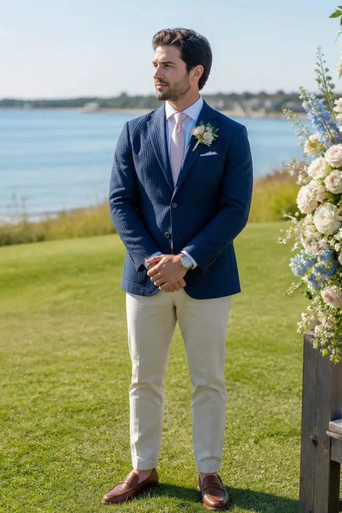 Navy seersucker blazer with oatmeal trousers and brown loafers