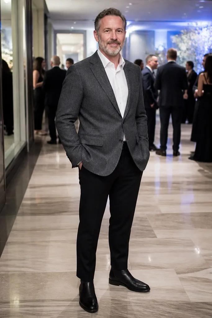 Charcoal blazer with black trousers and black Chelsea boots