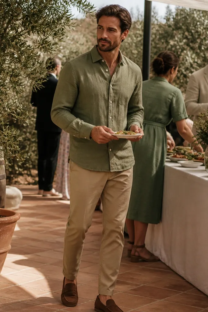 Olive linen shirt with tan chinos and dark brown loafers