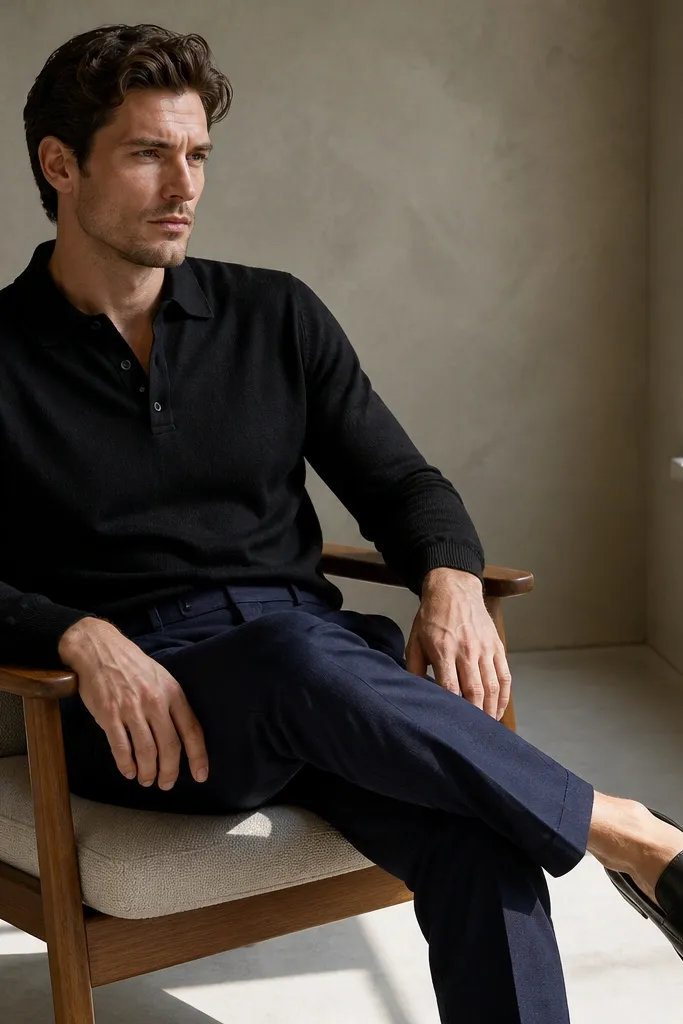 Soft black knit polo with navy trousers and leather loafers