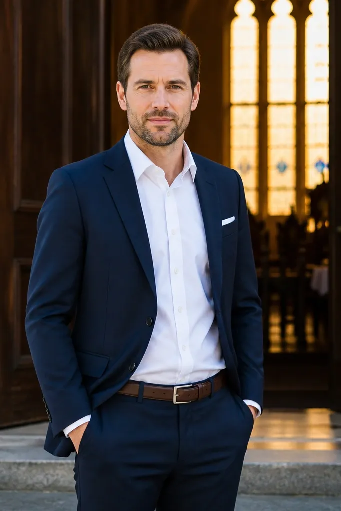 Navy jacket with white oxford shirt and dark brown shoes