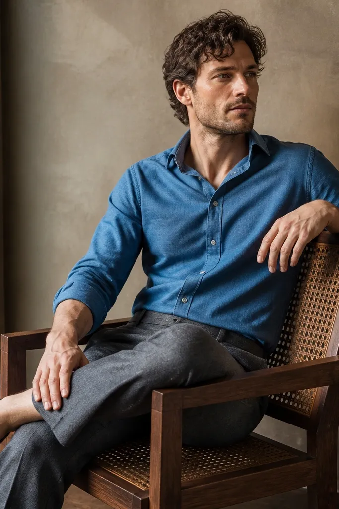 Blue chambray shirt with gray wool trousers and black loafers