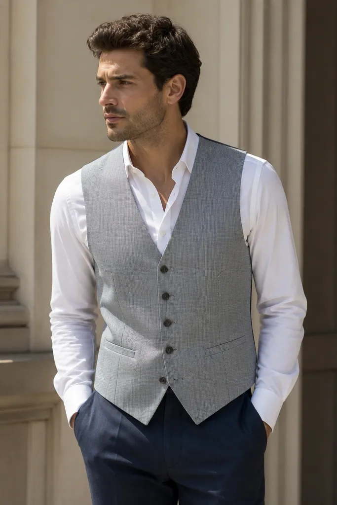 Light gray waistcoat over white dress shirt with navy trousers