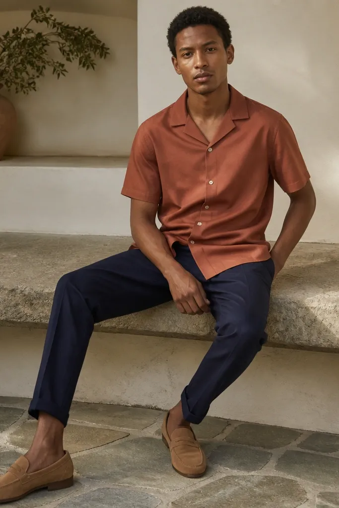 Terracotta camp collar shirt with navy chinos and tan loafers
