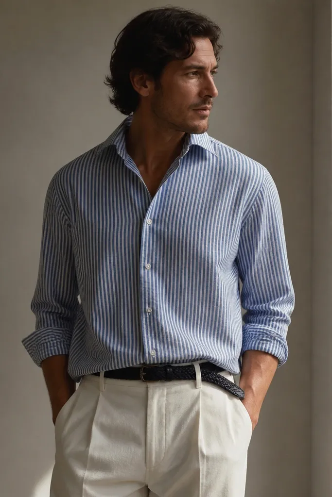 Navy and white seersucker shirt with belted trousers