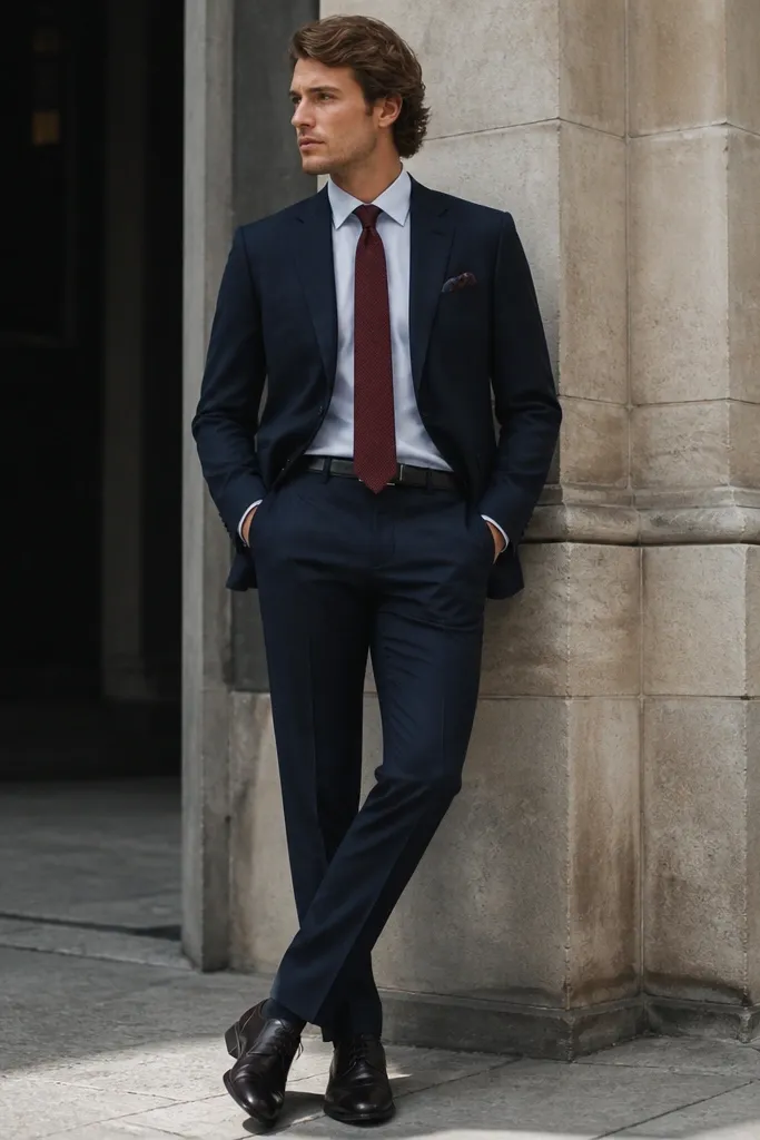 Navy suit separates with a burgundy tie and polished shoes