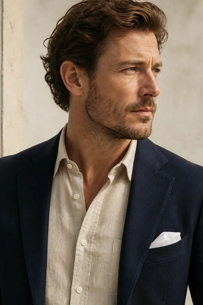 Cream linen shirt under a navy blazer with a white pocket square
