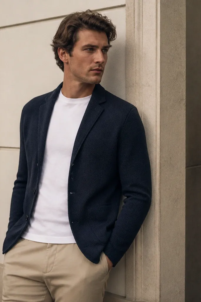 Navy knit blazer with white crew-neck and chino trousers