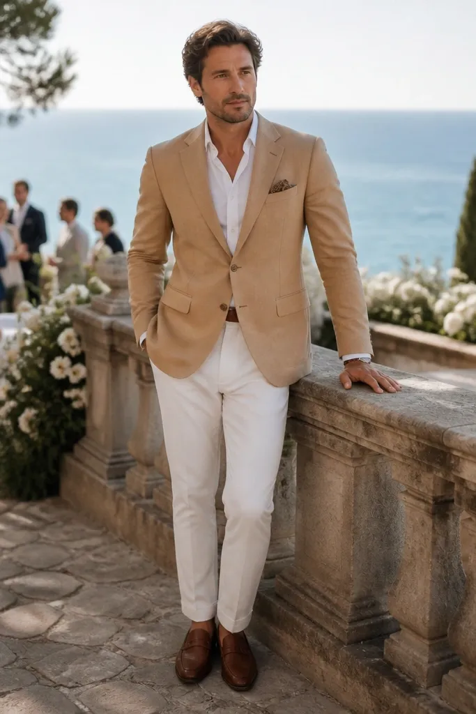 Tan two-button blazer with white trousers and cognac loafers
