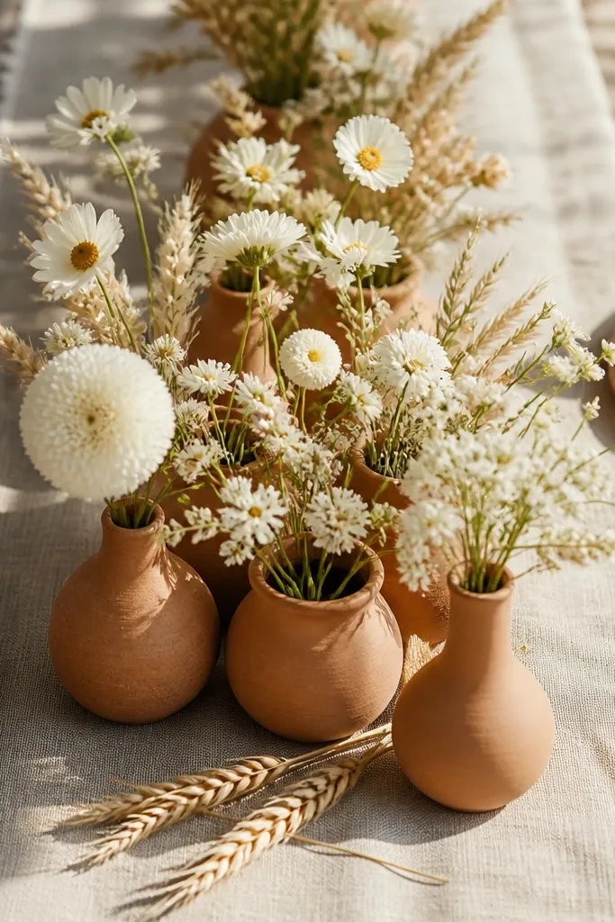 Small terracotta bud vases grouped along a table with oat linen runner