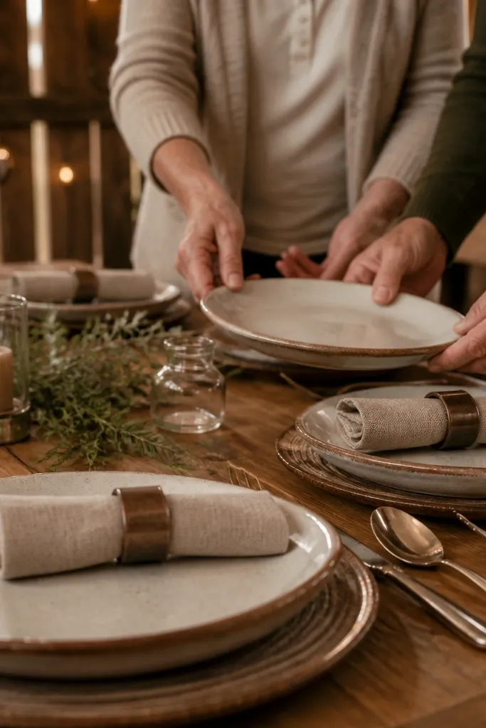 Oat linen napkins folded with bronze napkin rings on rustic plates