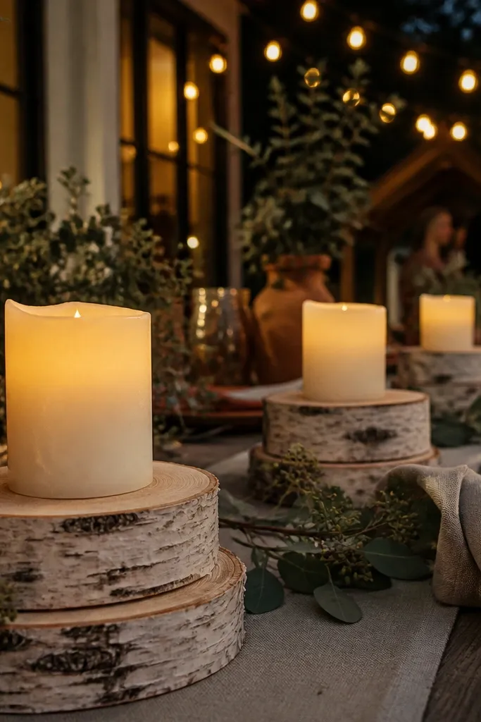 Birch log slices holding LED pillar candles on a dining table