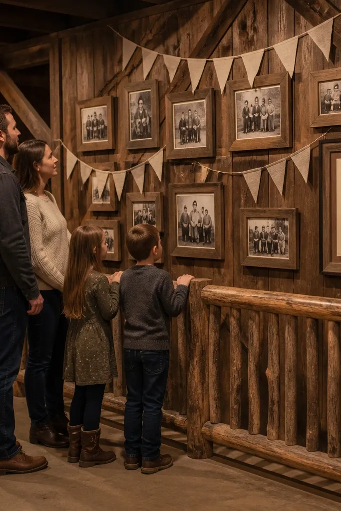 Wooden frame wall with small cream cloth pennants and warm browns