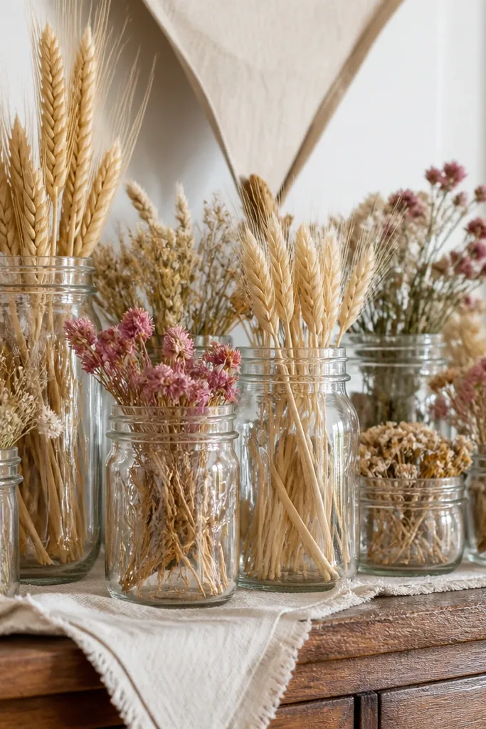 Mason jars with dried wheat stems and small wildflower bunches