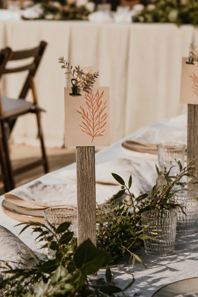 Table number cards in terracotta on small wood stakes near each place setting