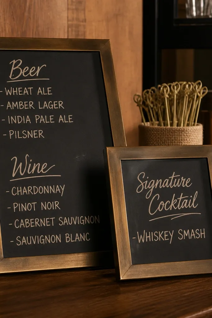 Bronze-framed chalkboard menu with warm brown writing near the bar