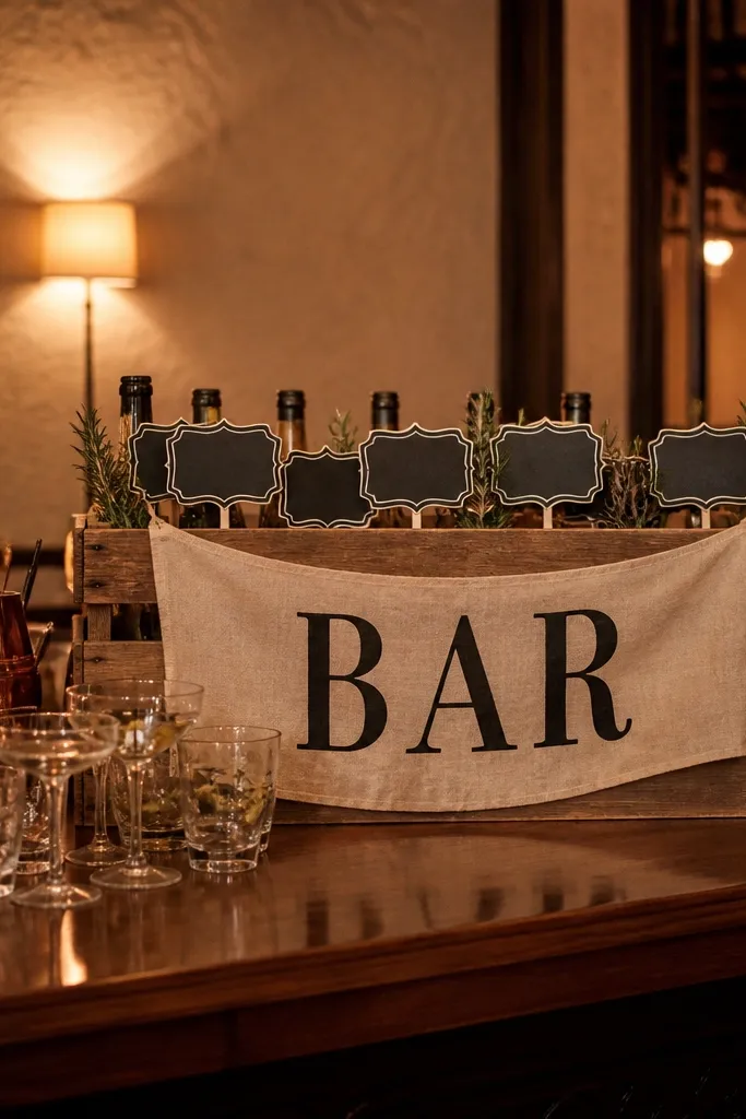 Wood crate bar sign with cream linen banners and brown lettering