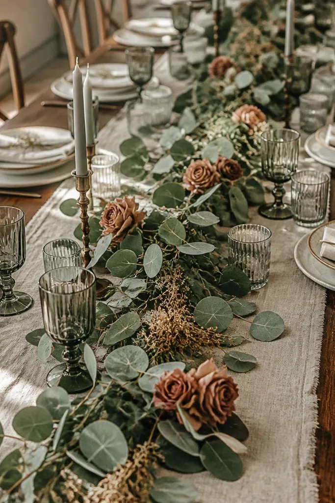Low green runner with dried rose clusters across rustic dining tables