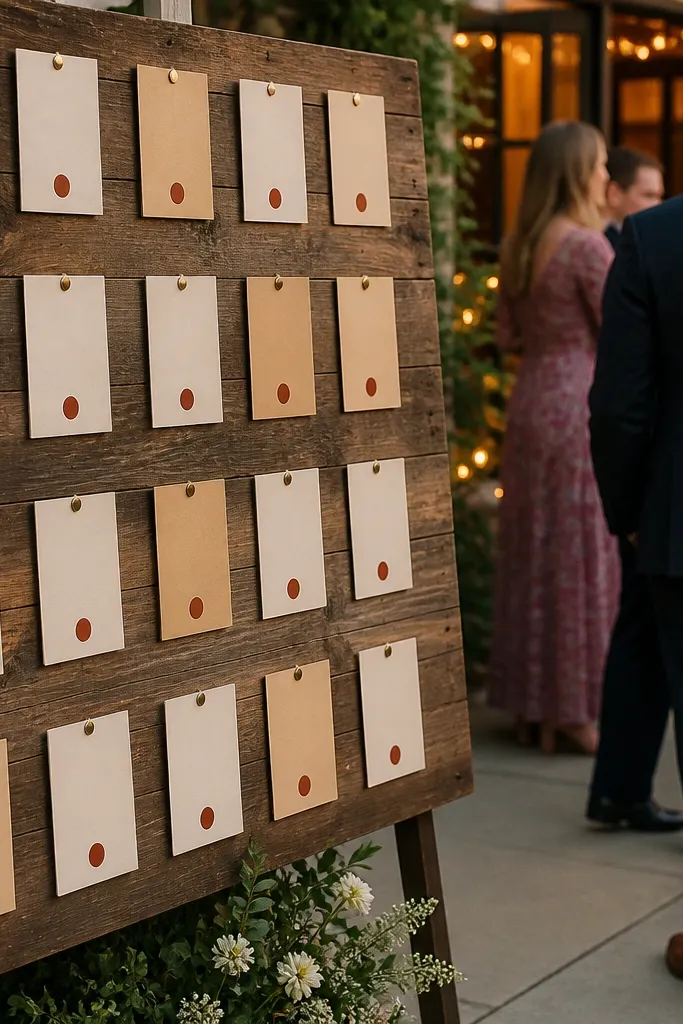Reclaimed wood seating chart panel with pinned place cards in warm tones