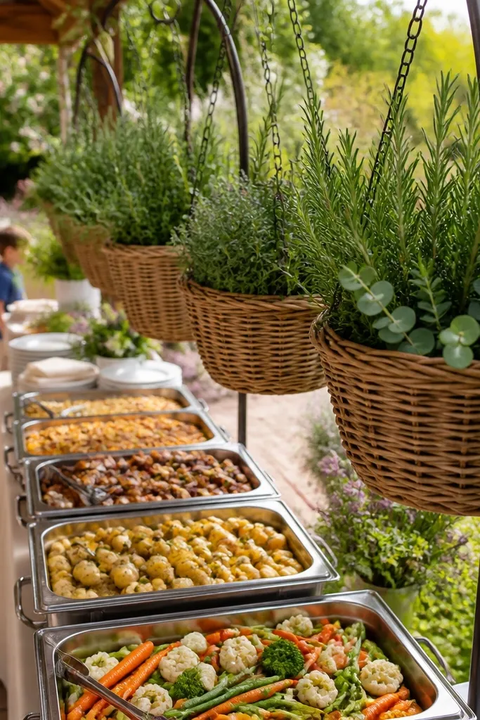 Small hanging herb baskets above buffet with twine and warm brown accents