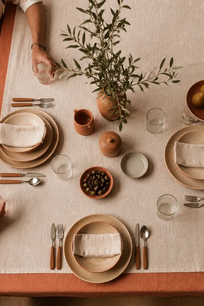 Cream textured tablecloth with a clay-colored runner edge and simple centerpieces