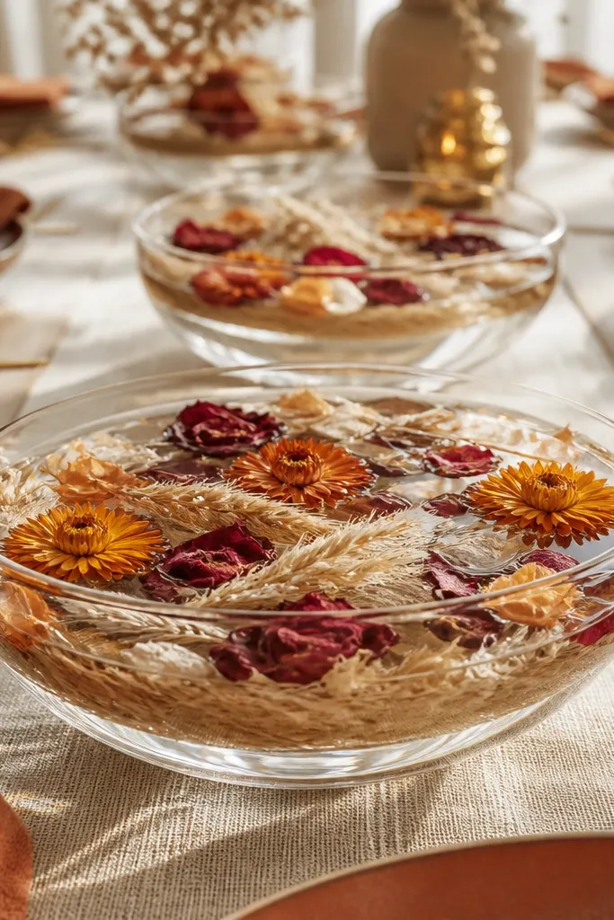 Shallow clear bowls with water and floating dried flowers on tables