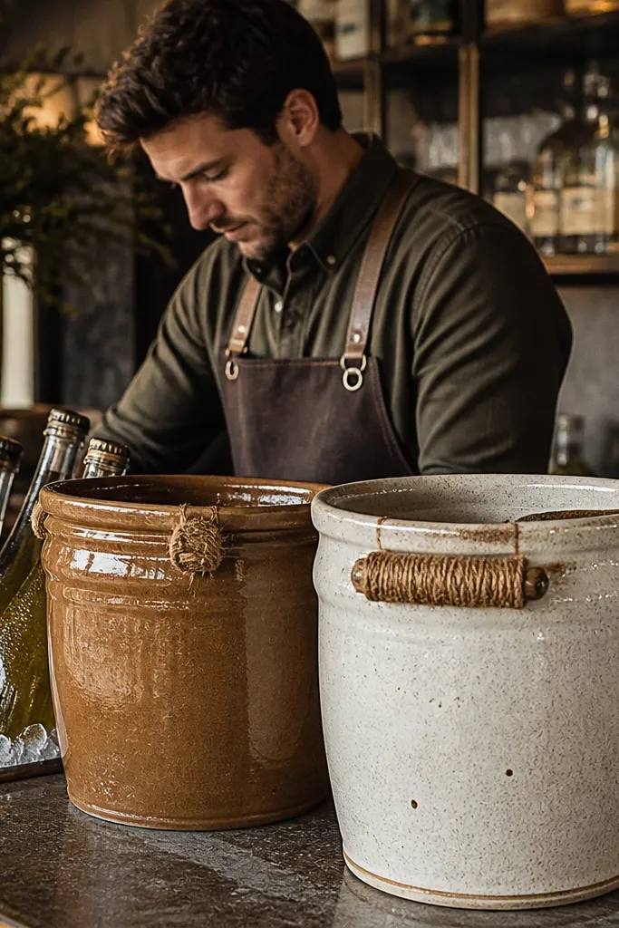 Rustic crock ice buckets with burlap-wrapped handles on a bar table