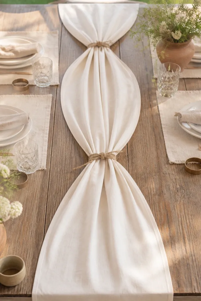 Buttermilk runners with small jute twine knot accents on table edges