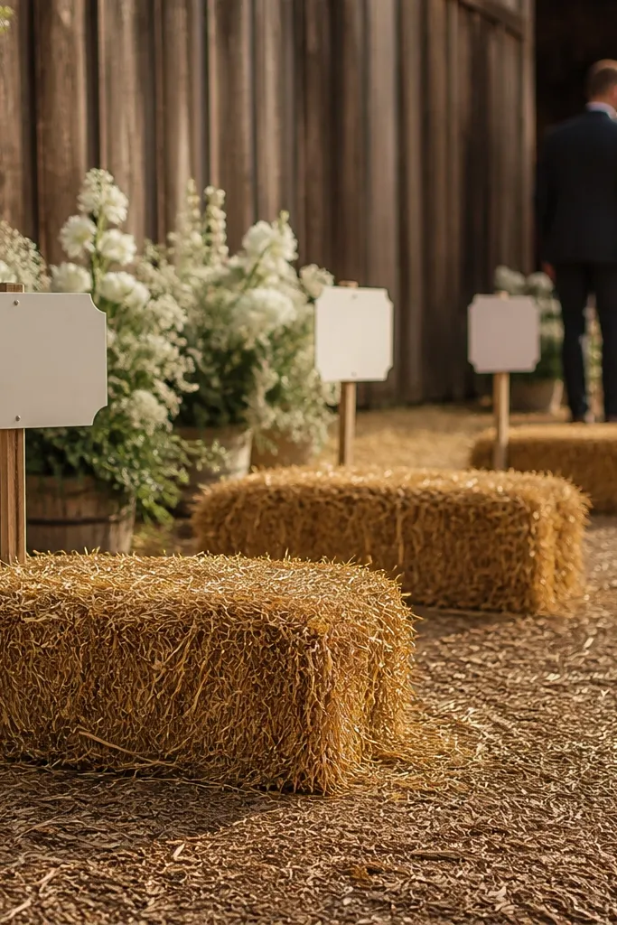 Small hay bales used as low markers near seating with cream signs