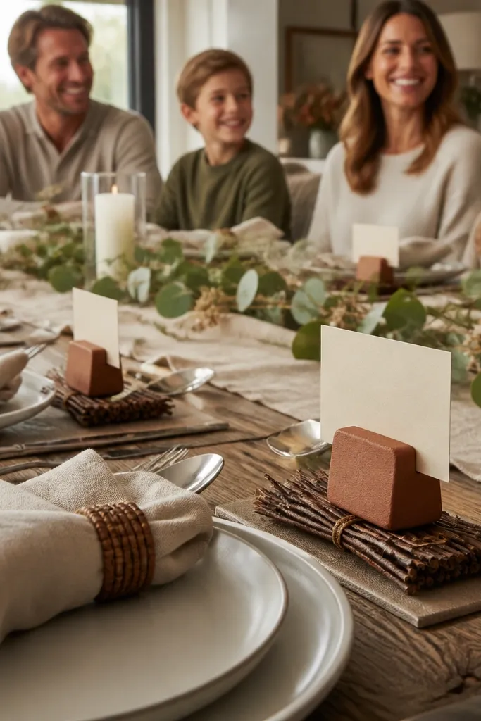 Place card holders on twig bases with clay accents at each table setting